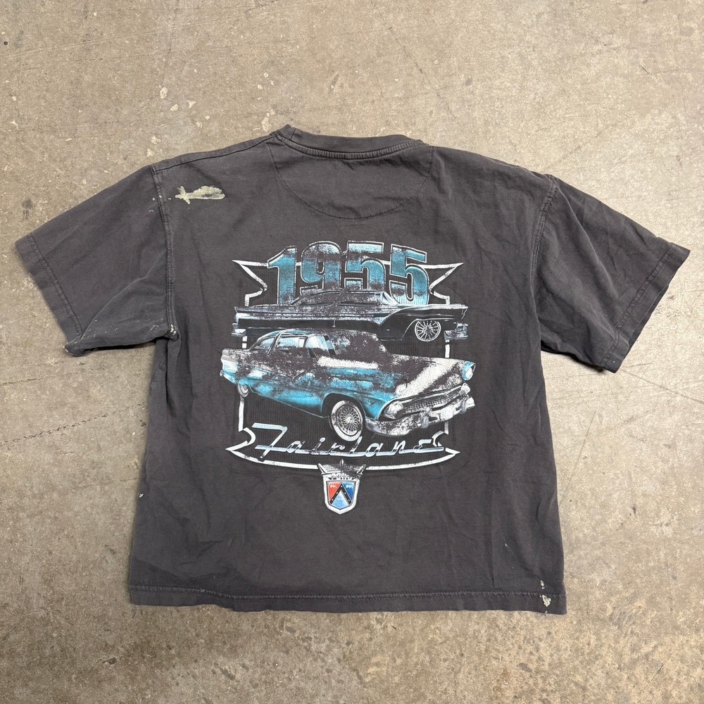 Newport Blue Cropped Fairlane Graphic T-Shirt Mens Medium Distressed Faded Black